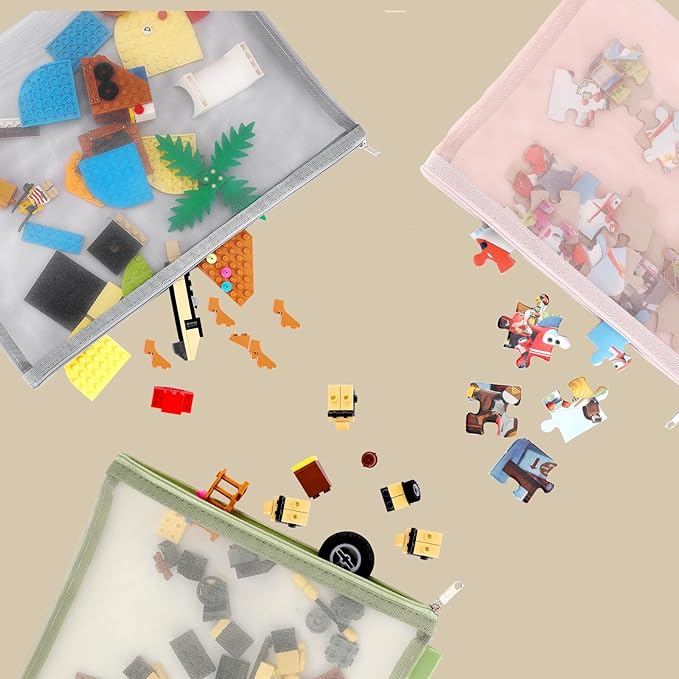 20 Pack Colored Single-Layer Mesh Zipper Pouch Bags(10Pcs A4+10Pcs A5), Nylon Building Block Sets Toy Storage & Organization, Breathable See Through Pouch with Handle for School Office Games