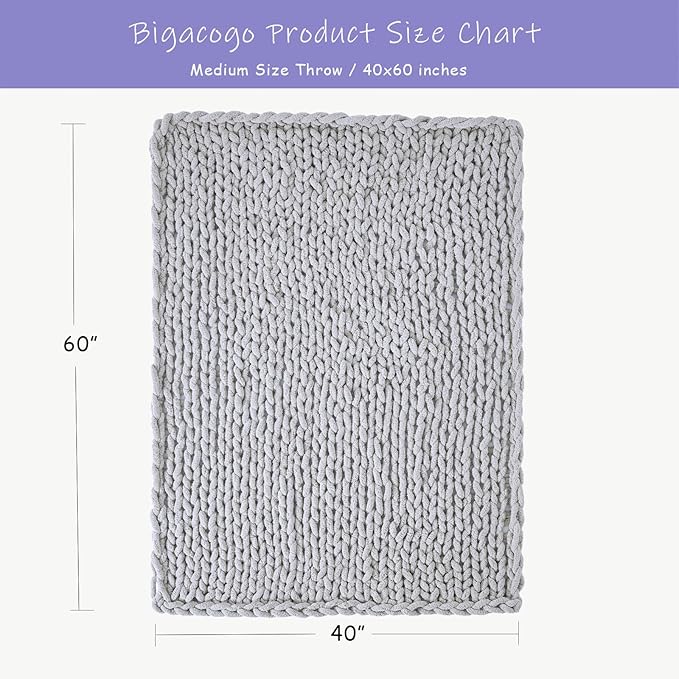 Bigacogo Chunky Knit Throw Blanket for Couch, 40x60 inches, 100% Hand Knitted with Thick Jumbo Chenille Yarn, Cozy Soft Large Rope Knot Cable Crochet Blankets for Sofa Bed Living Room, Light Grey