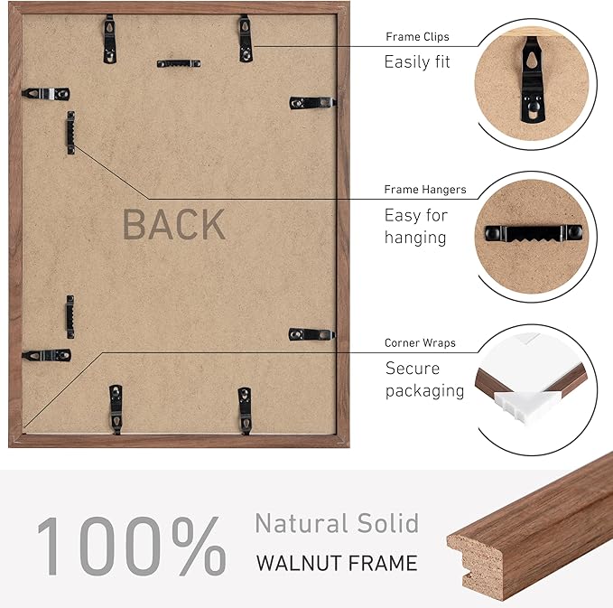 12x16 Picture Frame Set of 4 Natural Solid Walnut Photo Frames with 8.5x11 Removable Mat Wall Hanging Large Handcrafted Frame with HD Plexiglass Wall and Tabletop Display Large Poster Frame