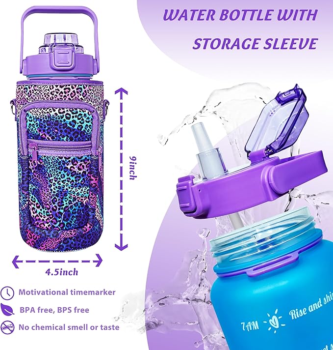 64 oz Water Bottle with Straw Sleeve & Strap Motivational Half Gallon Water Jug with Handle for Gym Women Men Aesthetic Water Bottle with Strap Leopard