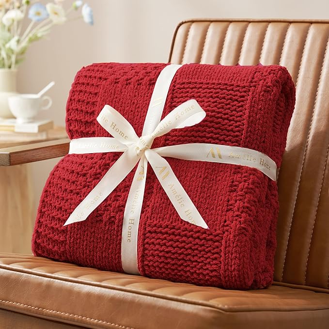 Amélie Home Chenille Knit Throw Blanket for Couch, Checkered Texture Decorative Soft Blanket for Sofa, Bed & Living Room, 50"x60", Red