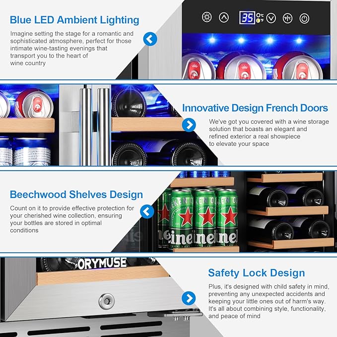 24 Inch Dual Zone Wine and Beverage Refrigerator, Built-in or Freestanding Cooler with French Doors, Drink Fridge with Upgraded Compressor for Beer, Wine, and Soda