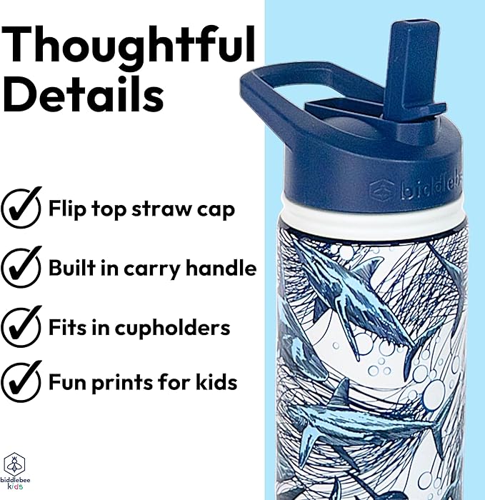 Biddlebee Kids Water Bottle with Straw Lid | 14oz Insulated Stainless Steel Reusable Bottles for School | Leak Proof Cap with Handle & Touch Free Spout | Great for Boys & Girls (Sharks)