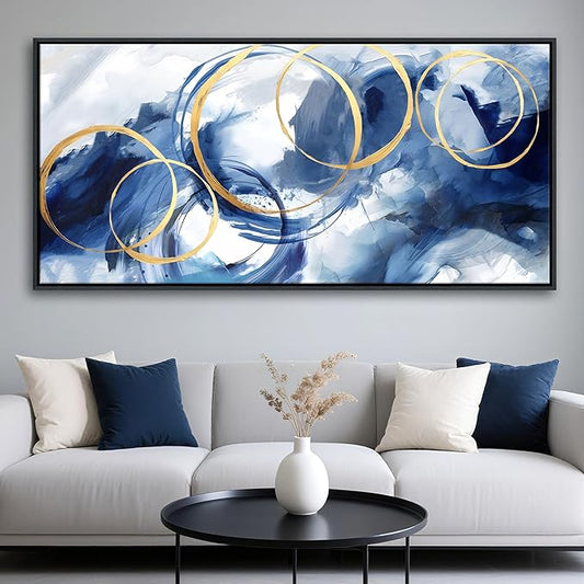 AJAZIKO Blue Abstract Wall Art Modern Navy Blue and Gold Pictures for Living Room Paintings Office Artwork Wall Decor Framed Canvas Wall Art Bedroom Wall Decor Above Bed 20×40IN