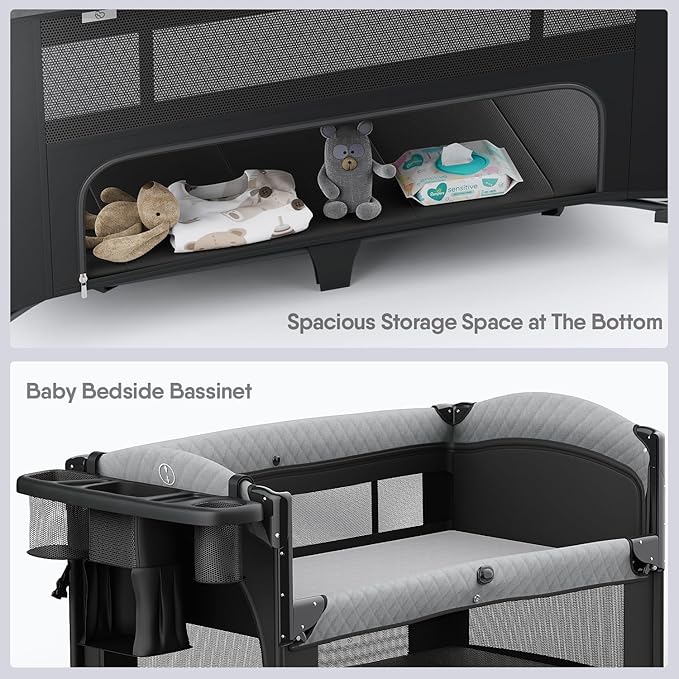 4 in 1 Baby Bassinet, Pack and Play, Bedside Crib Sleeper, Diaper Changer - Comes with Mattress, Mosquito Net，Bottom Storage and Toy Bar for Newborn to Toddles