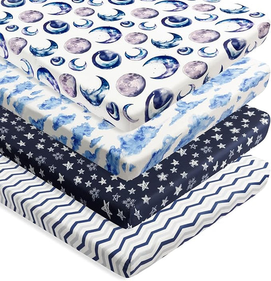 4 Pack Fitted Pack N Play Sheets for Baby Boys Neutral Unisex Breathable Soft Toddler Mini Crib Sheets for Pack and Play Mattress (Sky)