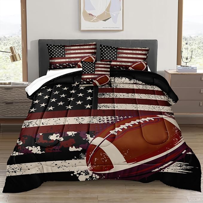 Bedbay Flag Camo Comforter Set Camouflage Bedding American Flag Comforter Set Queen Vintage Camo Football Bedding Teen Boys Military Army Comforter 4 Pcs Rugby Ball Games Sports Theme Duvet Set