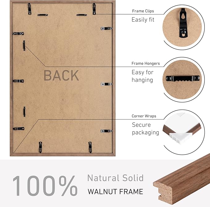 16x24 Poster Frame Set of 4 Natural Solid Walnut Photo Frames with 12x18 Removable Mat Wall Hanging Large Handcrafted Frame with HD Plexiglass Wall and Tabletop Display Large Picture Frame
