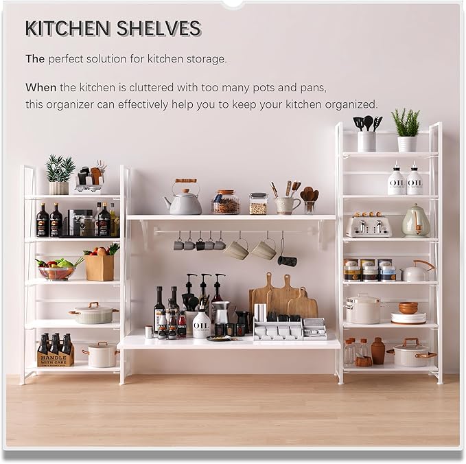 4NM No Assembly Foldable Bookshelf, 6-Shelf Collapsible Bookcase Storage for Small Spaces, 74" H, All White