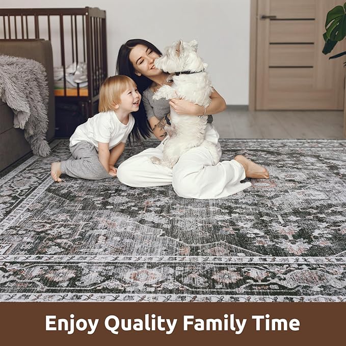 AMOAMI-6FT Round Rug-Rugs for Living Room-Vintage Soft Black Rugs for Bedroom-Non Slip Circle Rug-Machine Washable Rug for Dining Room Living Room Bedroom Office Under Table Dark Grey & Black