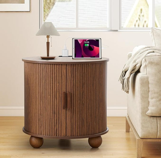 AVZEAR 24" Large Round End Table with Charging Station, Farmhouse Fluted Sofa Side Table with Sliding Tambour Door & Storage, Mid-Century Wood Nightstand for Living Room, Bedroom, Walnut