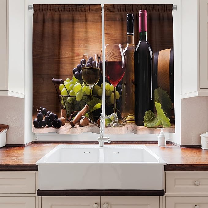 Ambesonne Wine Long Kitchen Curtains, Glasses of Red and White Wine Served with Grapes French Gourmet Tasting, Two Panels Drapes with Rod Pocket Room Decor, 55" x 45", Brown Ruby