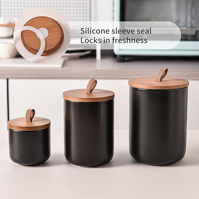 Black Ceramic Canister Set with Bamboo Lids, 3-Piece Airtight Food Storage Jars for Kitchen - Flour, Sugar, Coffee, Tea, Spice - Small, Medium, Large Sizes
