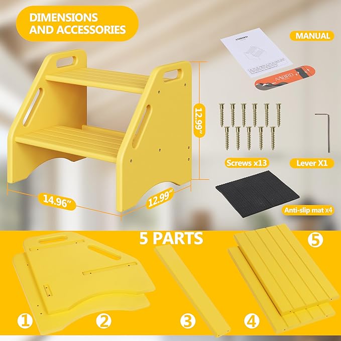 AMBIRD Wooden Step Stool, Two Step Stools Toddler 400 lbs Capacity with Safety Non-Slip Pads and Handles, Bamboo Step Stool for Bathroom, Kitchen Step Stools Dual Height Step Stools for Kids (Yellow)