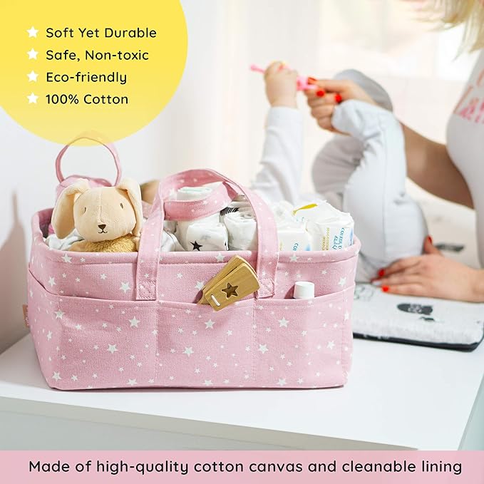 Baby Diaper Caddy Organizer - Baby Shower Basket | Large Nursery Storage Bin for Changing Table | Car Travel Tote Bag | Newborn Registry Must Have | Bonus Bottle Cooler | Pink