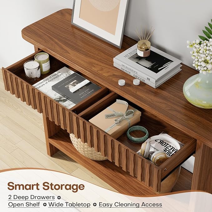 BECHAEO Mid Century Modern Console Table with Drawers, 51" Large 2-Tier Narrow Console Table with Storage Shelf, Sofa Station Behind The Couch, Accent Tables for Entryway, Hallway, Rustic Brown