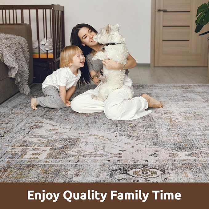 AMOAMI-2X6 Runner Rug-Washable Runners for Hallways-Soft Non Slip Bedside Rugs for Bedroom-Vintage Long Rug for Hallways Entryway Laundry Room Stair Kitchen Bathroom Grey