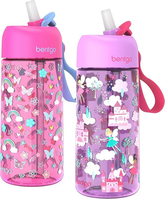 Bentgo Kids Water Bottle 2-Pack - Leak-Proof, Durable Tritan™, BPA-Free 15 oz Cup for Kids/Toddlers 3+; Flip-Up Straw; Dishwasher Safe for School/Sports/Daycare/Camp (Rainbows & Butterflies/Fairies)