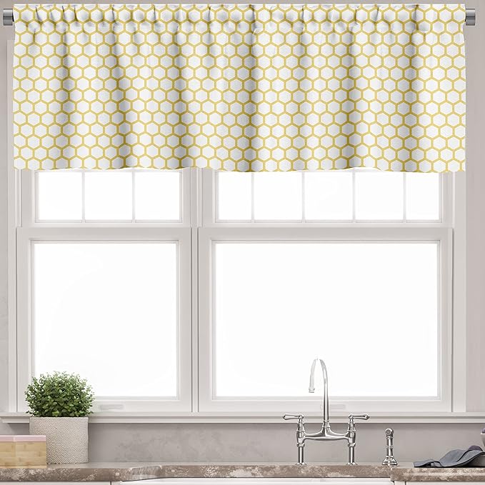 Ambesonne Yellow and White Valance & Tier Curtain 3 pcs Set, Hexagonal Pattern Honeycomb Beehive Simplistic Geometrical Monochrome, Window Treatments for Room Kitchen Decor, 55" x 24", White Yellow