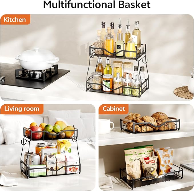 2 Tier Fruit Basket with 2 Banana Hangers, Fruit Bowl for Kitchen Countertop with 2 Wooden Handle, Detachable Metal Fruit Holder for Vegetable Bread with 2 Protective Pads, Black