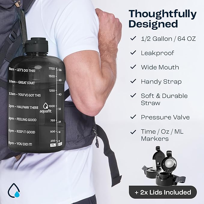 AQUAFIT 64 oz Water Bottle with Time Marker - BPA Free Half Gallon Water Bottle with Straw - Gym Water Bottle with Handle, Gallon Water Jug, Big Water Bottle, Large Water Bottle (Pink-Ice, 2 Lids)