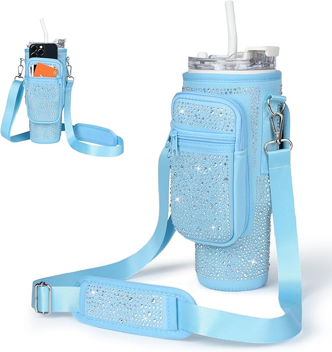 Bling Diamond Water Bottle Carrier Bag with Phone Pocket for Stanley 40/30 oz Tumbler with Card Holder,Neoprene Water Bottle Holder Pouch with Adjustable Strap for Stanley Cup Accessories