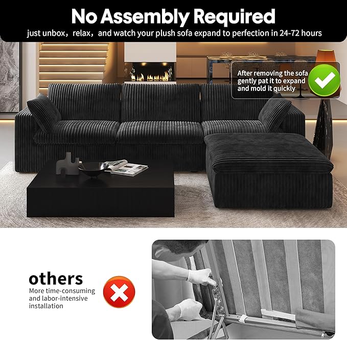 118" L Shaped Modern Sofa Modular Sectional Cloud Couch with Ottoman,Deep Seat Upholstered Couches with Plush Corduroy Fabric for Living Room Furniture,Bedroom and Apartment,No Assembly Required,Black