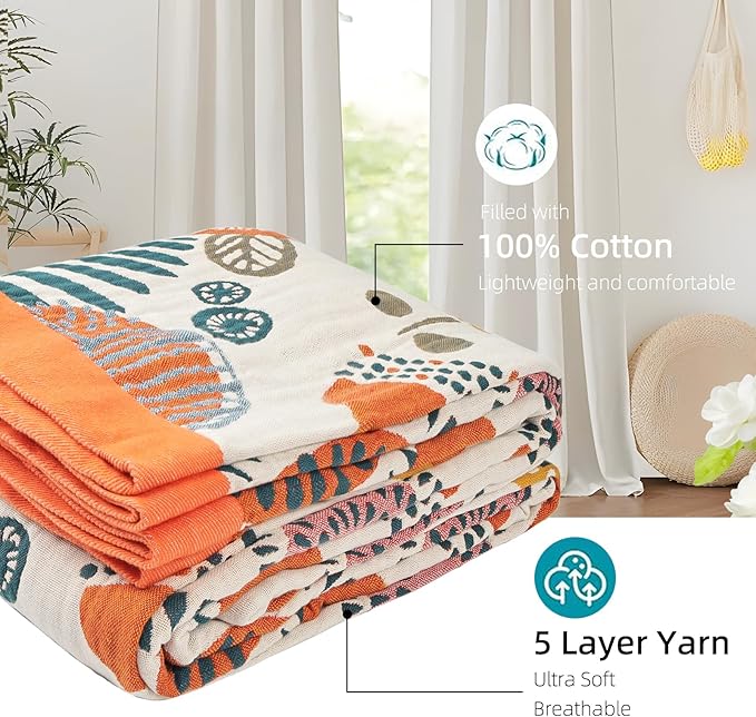 Boho Throw Blanket for Bed - 100% Pure Cotton Ultra Soft Rustic Quilt - Farmhouse Decor Bed Blankets, All Season Rustic Throw for Sofa Couch Chair(91''x 98'', Floral Print 2)