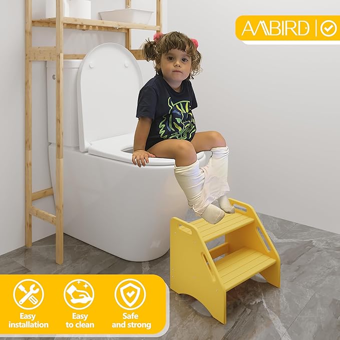 AMBIRD Wooden Step Stool, Two Step Stools Toddler 400 lbs Capacity with Safety Non-Slip Pads and Handles, Bamboo Step Stool for Bathroom, Kitchen Step Stools Dual Height Step Stools for Kids (Yellow)
