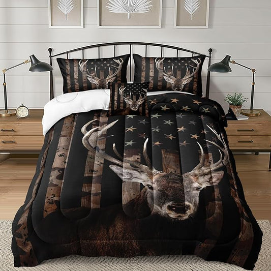 Bedbay American Flag Bedding Set California King Comforter Bed Set Deer Hunting Hunter Bedroom Decor for Men Wild Animal Camo Duvet Insert 4 Pcs Soft Lightweight Comforter Quilt Set (Deer,Cal-King)