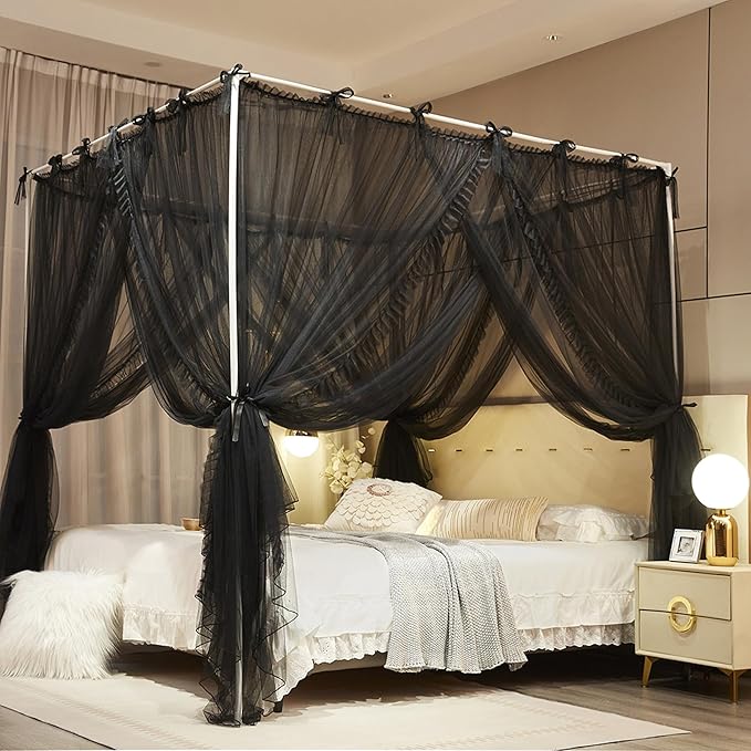 4 Corners Post Princess Curtain Bed Canopy Lace Up Double Layer 4 Opening Mosquito Net Mesh for Girls Bedroom Decoration(Black, 64" W*82" L*82" H/Queen)