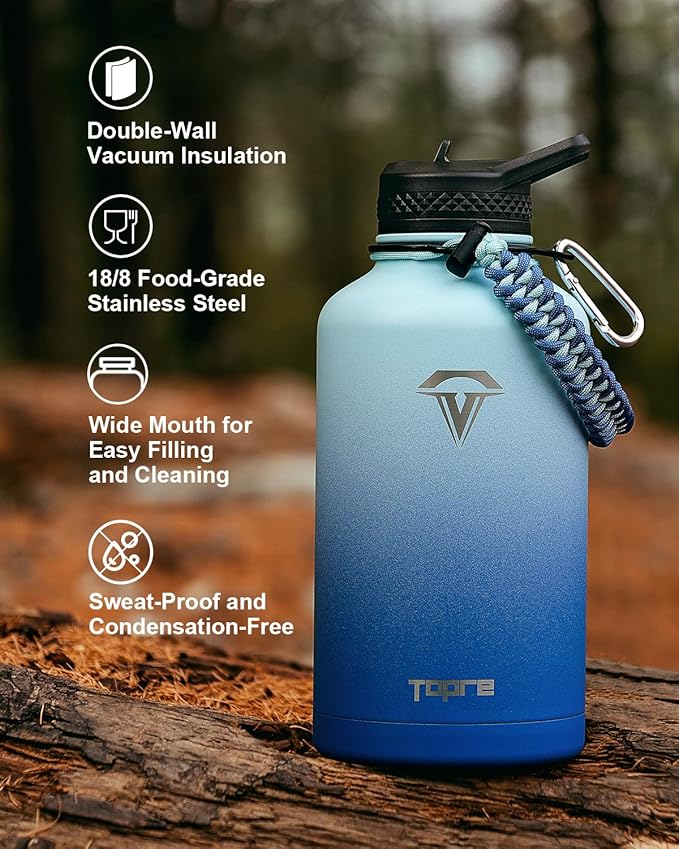 64oz Insulated Water Bottle,Half Gallon Water Flask Stainless Steel Vacuum, Cold for 48 Hrs,BPA-Free & Leakproof -with Paracord Handle, Strap,Straw Spout Lids,Large Jug for Gym Sports,Blue