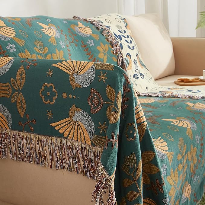 Boho Throw Blanket for Couch Sofa Bed, 100% Cotton Woven Quilt with Tassel 60”x80”, Super Soft Muslin Blanket with Bird Printed, Decorative Reversible Bed Blanket/Cover for All Seasons