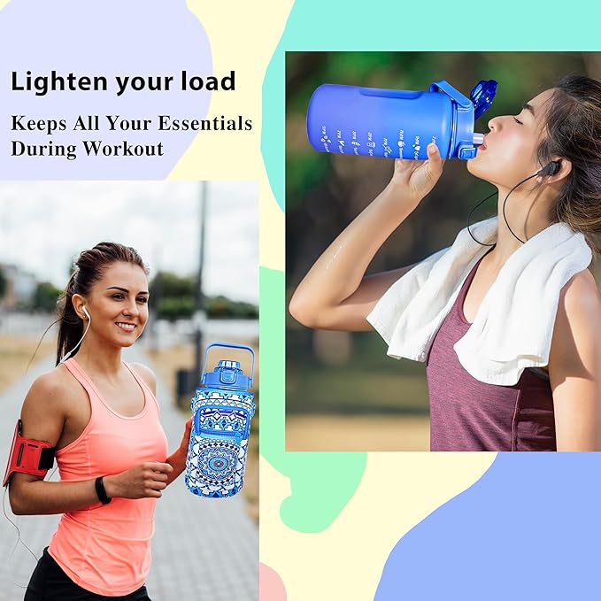 64 oz Water Bottle with Straw Sleeve & Strap Motivational Half Gallon Water Jug with Handle for Gym Women Men Aesthetic Water Bottle with Strap Datura