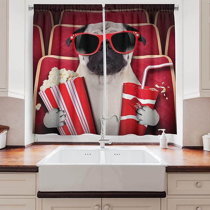 Ambesonne Pug Long Kitchen Curtains, Funny Dog Watching Movie Popcorn Soft Drink and Glasses Animal Photograph, Two Panels Drapes with Rod Pocket Room Decor, 55" x 45", Cream Ruby