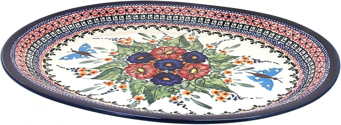 Blue Rose Polish Pottery Floral Butterfly Large Serving Platter