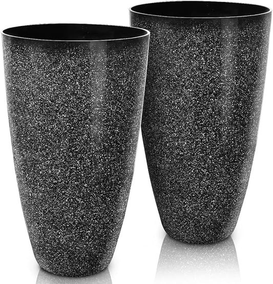 2 Pcs Pack 21 Inches Plastic Resin Tall Tapered Planter Pots Large Round Planter Flower Pot with Drainage Holes for Indoor Outdoor Deck Porch Garden Home Patio Front Door (Black, L)