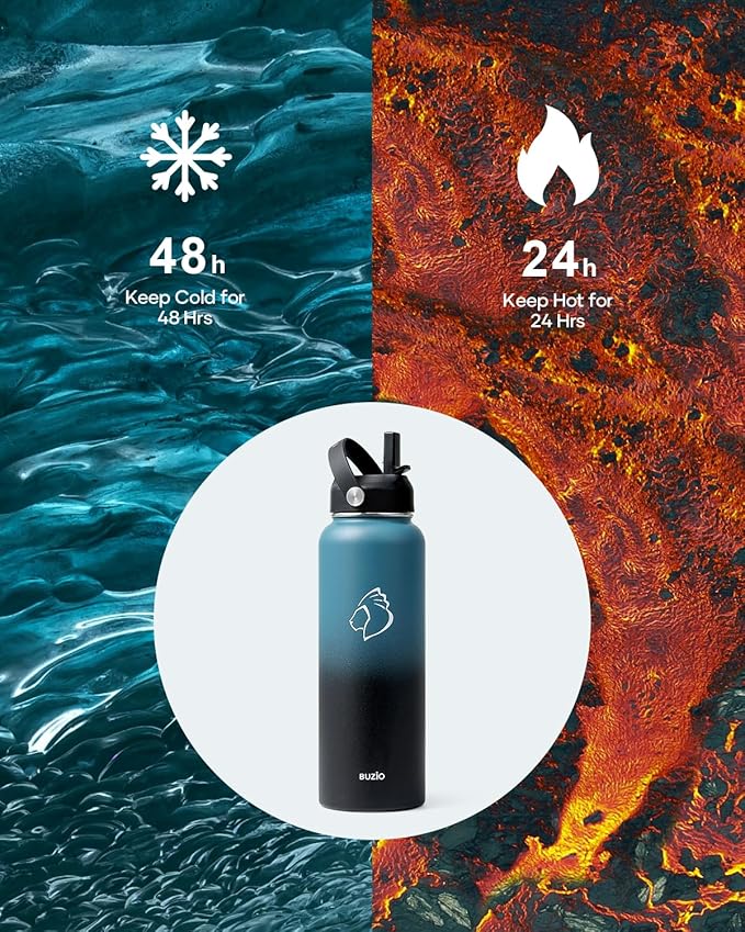 BUZIO Water Bottle with Straw Lid and Flex Cap, 40oz Double Vacuum Stainless Steel Water Flask, Cold for 48 Hrs Hot for 24 Hrs Simple Thermo Canteen Mug, Indigo Black