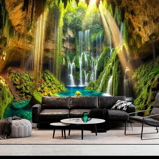 BSFHH Nature Tapestry Forest Tree Sea Cave Wall Hanging, Stream Through Rainforest Landscape Wall Art Tapestry for Bedroom Living room (Cave Waterfall, 110" × 87", Unframed)