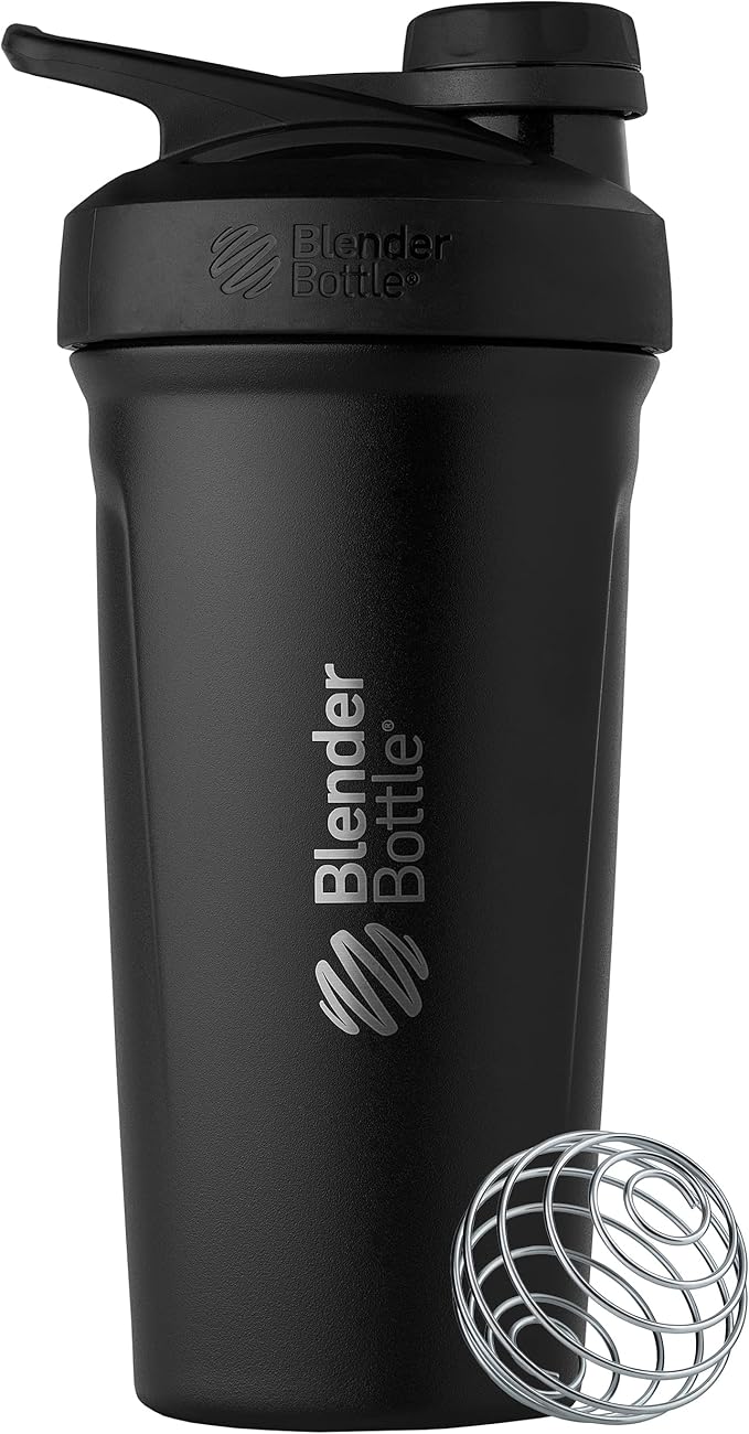 BlenderBottle Strada Twist Cap Shaker Cup Insulated Stainless Steel Water Bottle with Wire Whisk, 24-Ounce, Black
