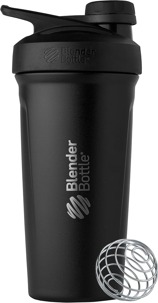 BlenderBottle Strada Twist Cap Shaker Cup Insulated Stainless Steel Water Bottle with Wire Whisk, 24-Ounce, Black