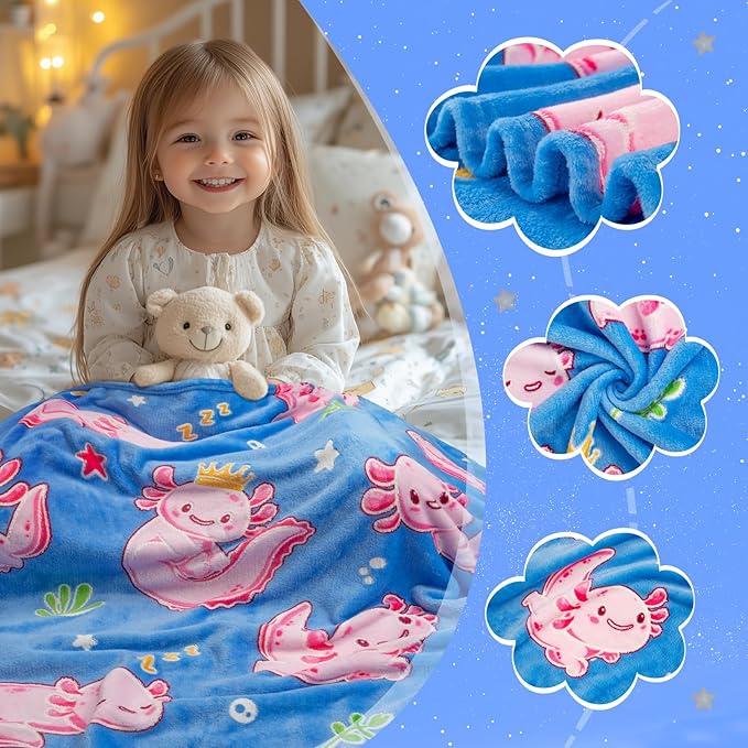 Axolotl Gifts Toys for Girls Kids - Axolotl Blanket Glow in The Dark for Toddler Bedroom Decor Axolotl Gifts Toys for Kid 3 4 5 6 7 8 9 10 11 12