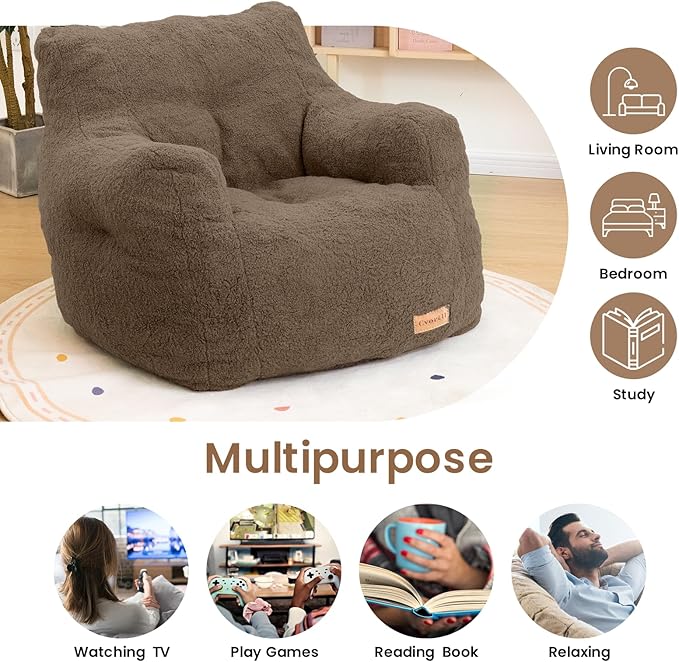 Bean Bag Chair with Filler, Bean Bag Sofa with Tufted Soft Stuffed Filling, Fluffy and Lazy Sofa, Comfy Cozy BeanBag Chairs with Memory Foam for Dorm, Apartment, Living Room (Brown)