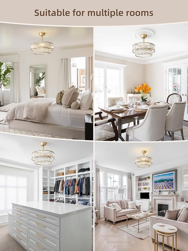 20" Gold Crystal fandelier Ceiling Fan with Lights,Gold Caged Chandelier Ceiling Fan with Light Remote Control,Enclosed Mid Century with 6 Speeds for Bedroom,Living Room,Nursery