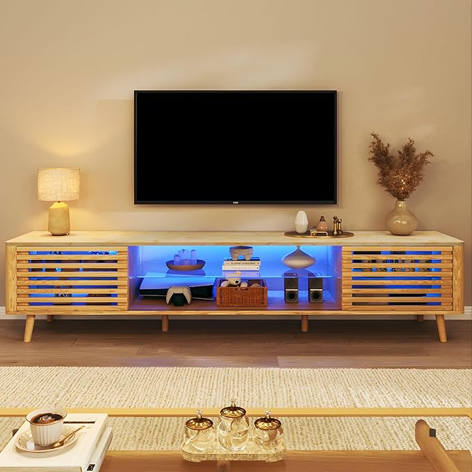 70" Mid Century Modern TV Stand for 55/65/75 Inch TV, Faux Marble Top Entertainment Center with Slatied Sliding Door & LED Lights, Low TV Console with Glass Shelves for Bedroom, Living Room