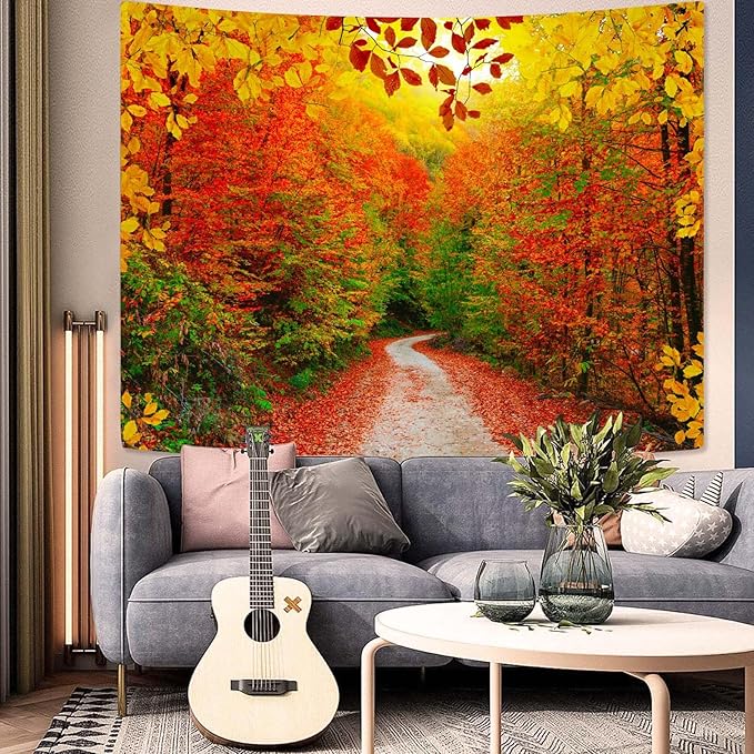 AMM Autumn Forest Tapestry Nature Fall Tree Thanksgiving Tapestry for Bedroom Aesthetic Autumn Path Yellow Red Fallen Leaves Landscape Tapestries Wall Hanging for Living Room Dorm 80 x 60 Inch