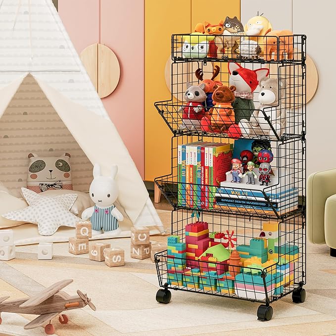 Bath Toy Storage Organizer, 4 Tier Rolling Outdoor Toy Storage, Wire Toy Organizer Kids Bookshelf for Playroom Bedroom (Black, Extra Large)