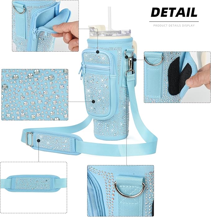 Bling Water Bottle Carrier Bag with Phone Pocket,Water Bottle Holder Bag for Stanley Cup Accessories,Cup Holder with Adjustable Shoulder Strap with Stanley 40 & 30 oz Tumbler,Blue