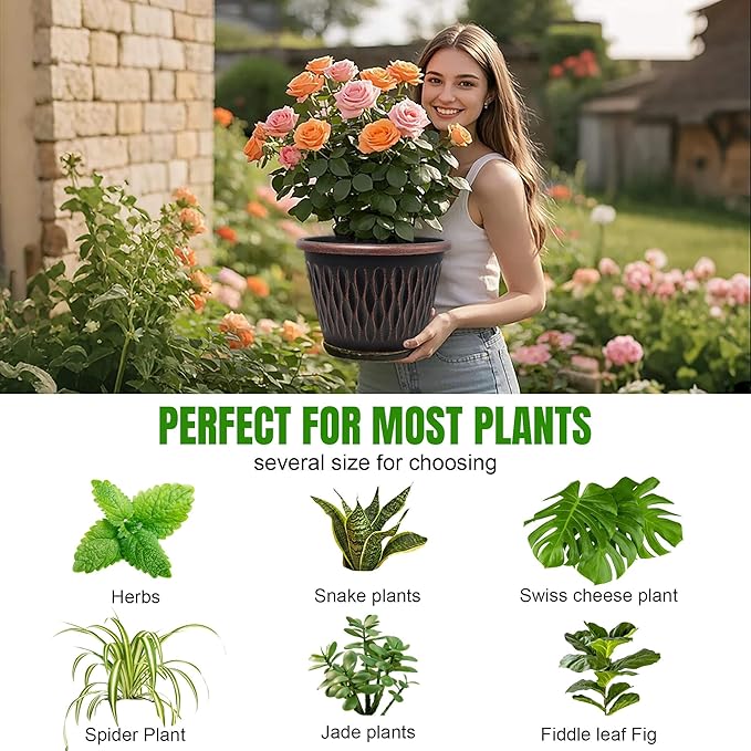 4 Pack 9 Inch Retro Plant Pots, Vintage Striped Flower Pots with Drainage Hole & Saucer, Large Plastic Planters for Indoor and Outdoor Plants, Decorative Garden Pots(Copper)