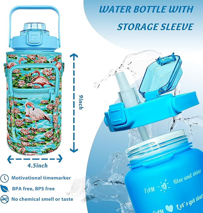 64 oz Water Bottle with Straw Sleeve & Strap Motivational Half Gallon Water Jug with Handle for Gym Women Men Aesthetic Water Bottle with Strap Flamingo